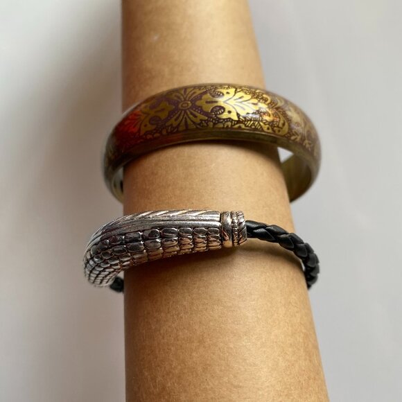 Vintage Gold Floral Bangle & Silver Tone Braided Bracelet Set – Boho Jewelry Lot - Picture 1 of 13